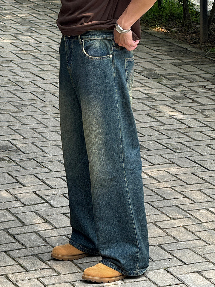 RUDEBASIC - Vintage Blue Monogram Semi Flare Jeans | UNISEX