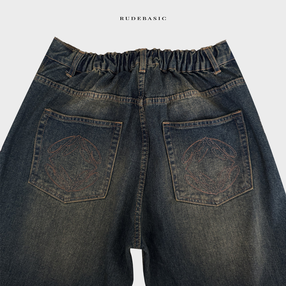 RUDEBASIC - Vintage Blue Monogram Semi Flare Jeans | UNISEX