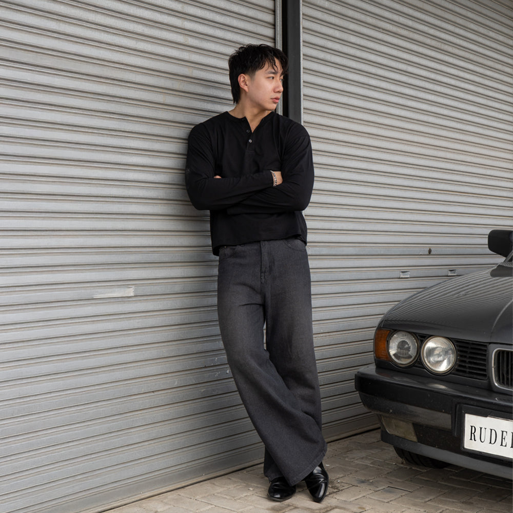 RUDEBASIC - Black Harvei Longsleeve Henley | Light weight cotton | henley pria | henley putih