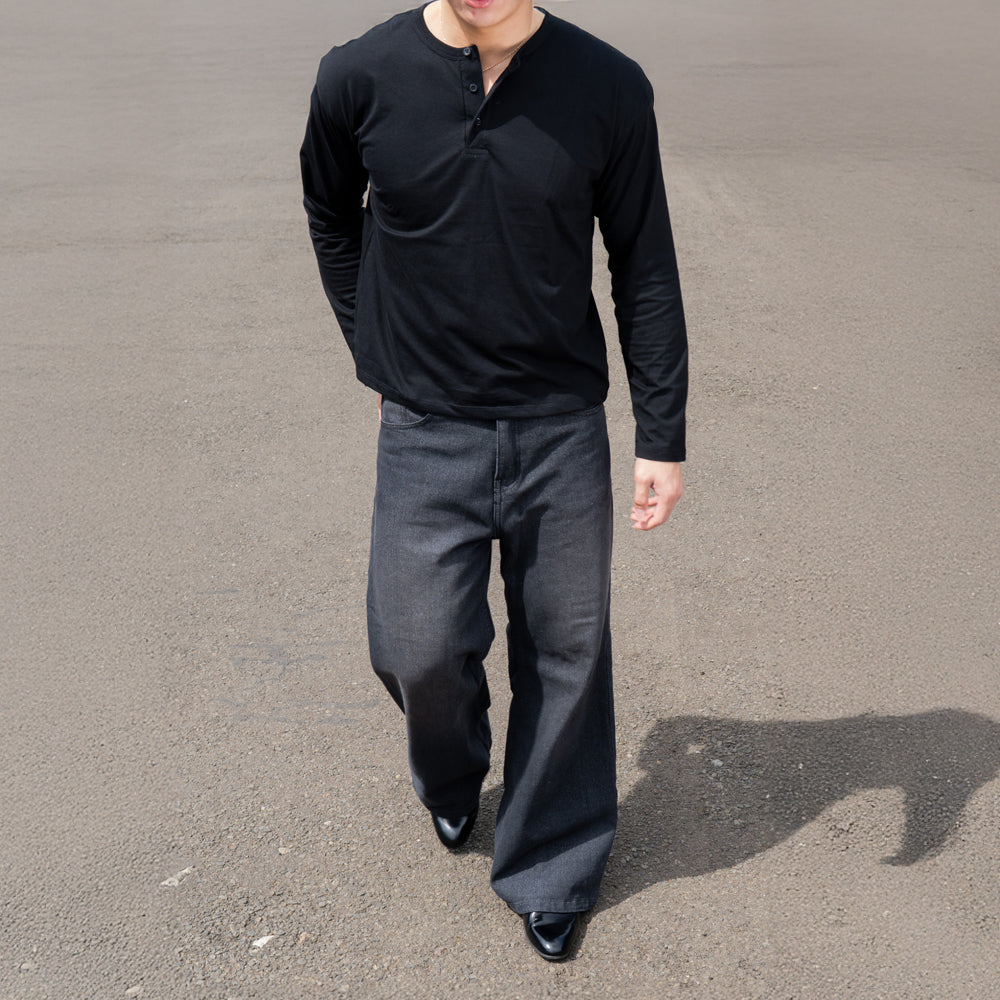 RUDEBASIC - Black Harvei Longsleeve Henley | Light weight cotton | henley pria | henley putih