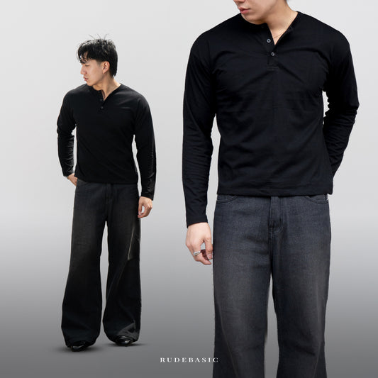 RUDEBASIC - Black Harvei Longsleeve Henley | Light weight cotton | henley pria | henley putih