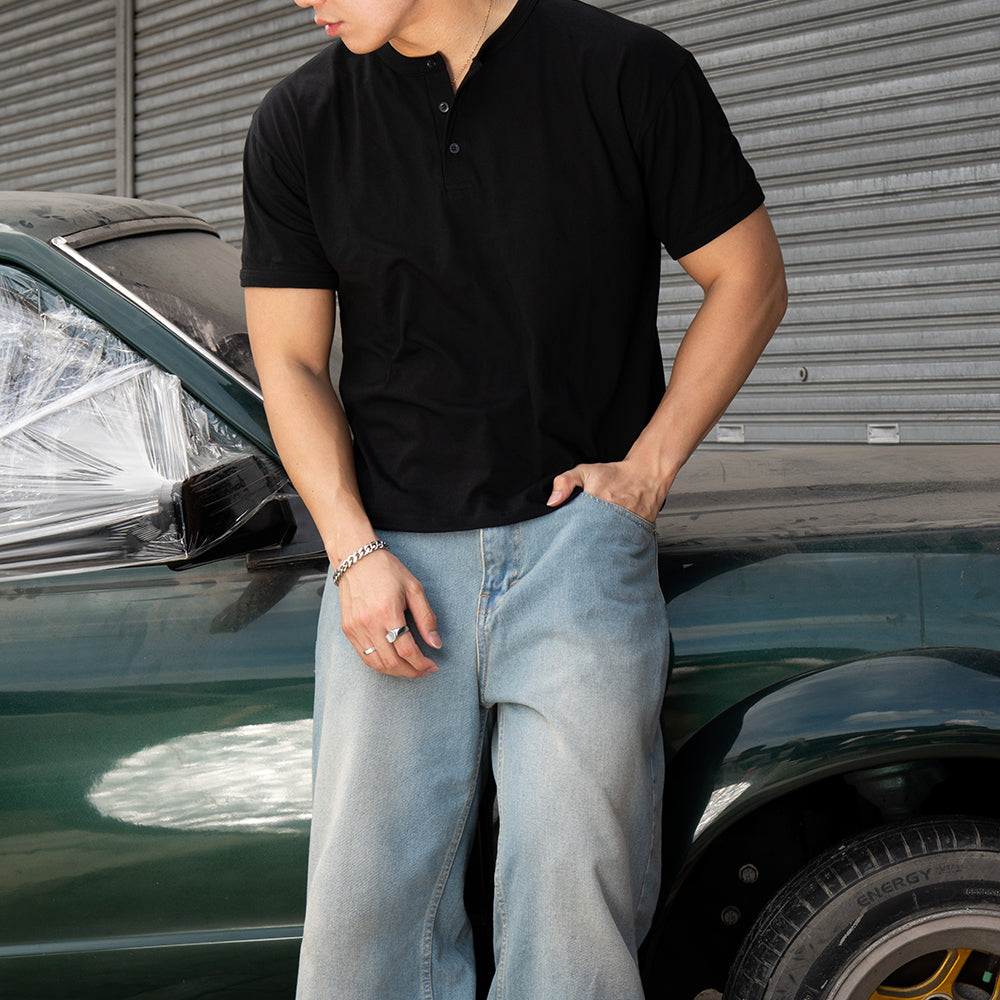 RUDEBASIC - Black Dennys Short sleeve Henley | Light weight cotton | henley pria | henley putih