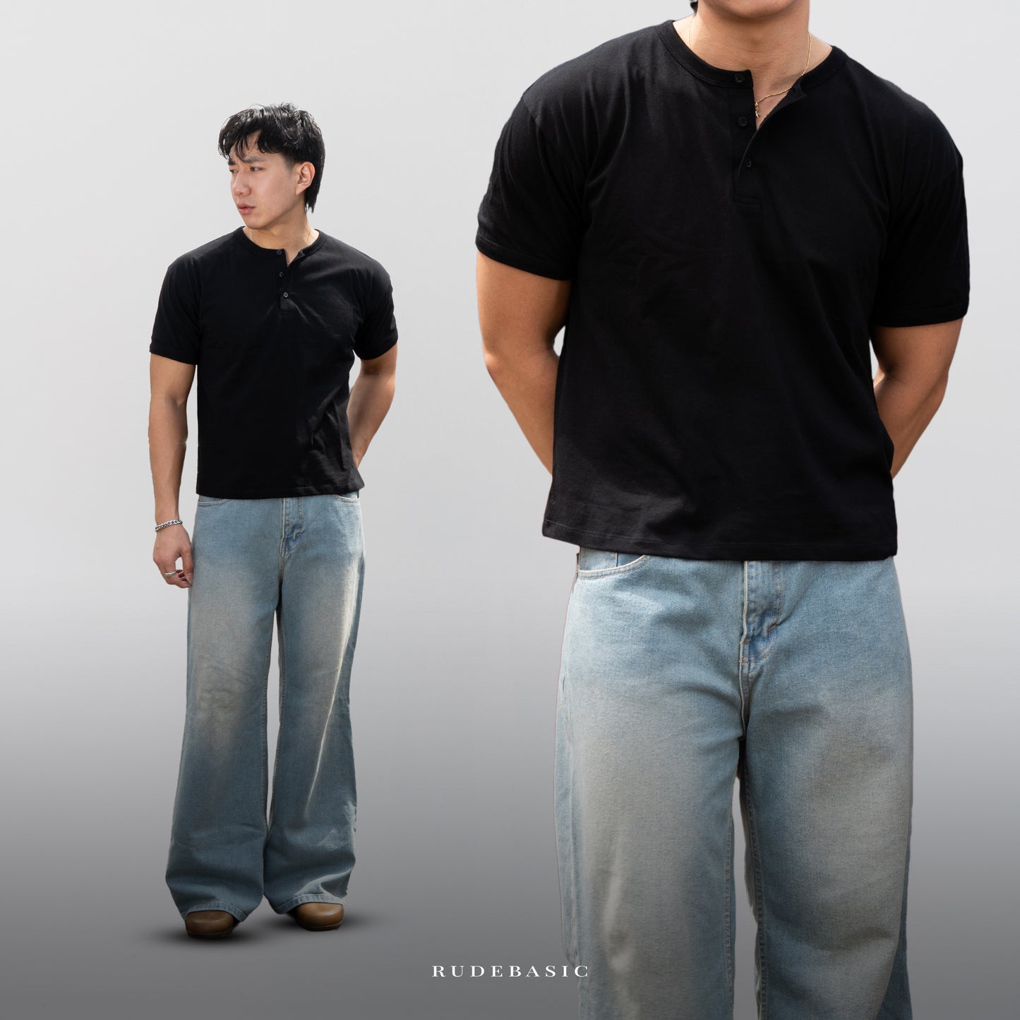 RUDEBASIC - Black Dennys Short sleeve Henley | Light weight cotton | henley pria | henley putih
