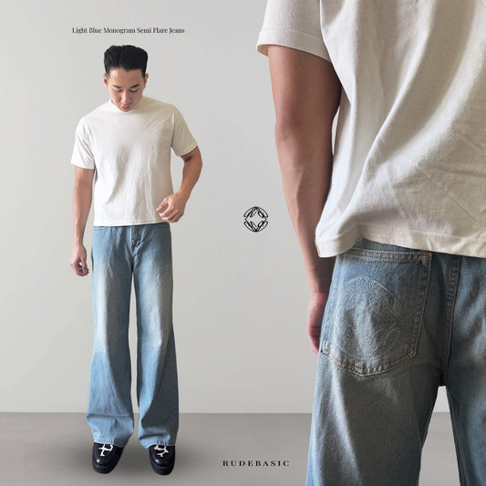 Rudebasic - Light Blue Monogram Semi Flare Jeans | Celana Jeans Panjang