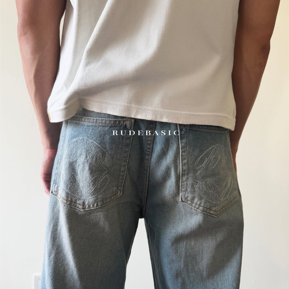 Rudebasic - Light Blue Monogram Semi Flare Jeans | Celana Jeans Panjang