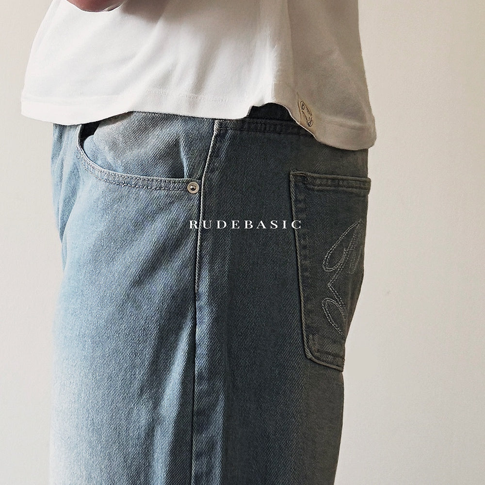 Rudebasic - Light Blue Monogram Semi Flare Jeans | Celana Jeans Panjang